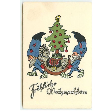 n°21773 - Fröhliche Weihnachten - Lutins portant un sapin et un cheval à bascule