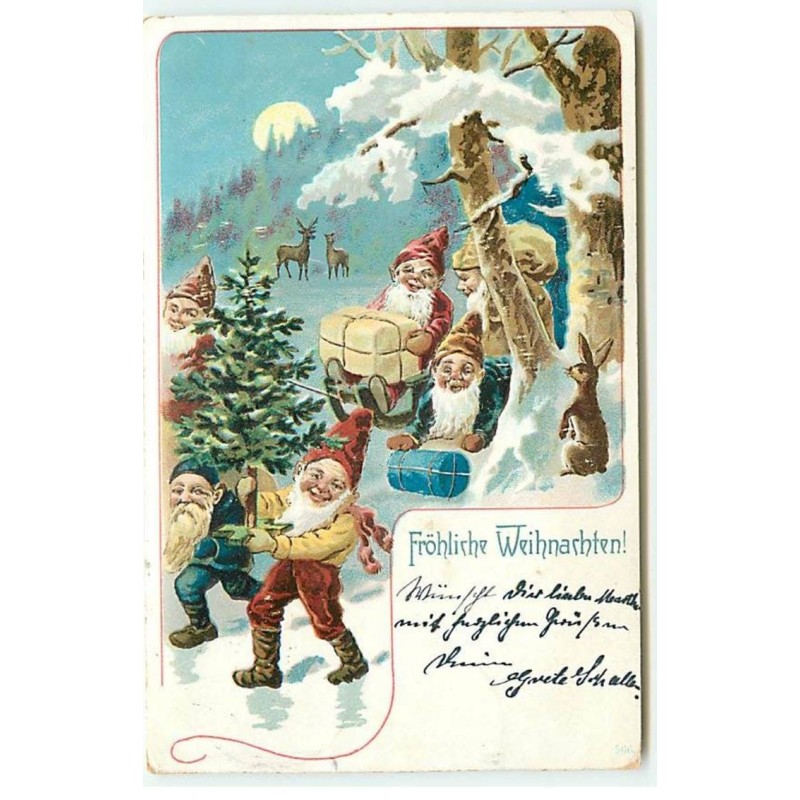 n°21774 - Fröhliche Weihnachten - Nains apportant des cadeaux et un sapin