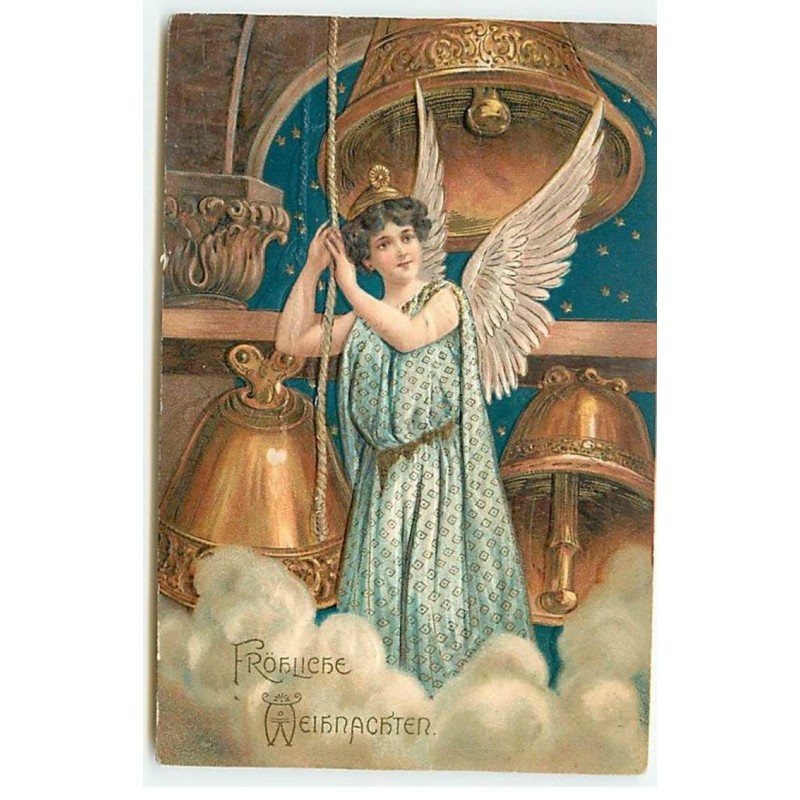 n°21778 - Carte Gaufrée - Fröhliche Weihnachten - Ange gardien faisant sonner des cloches