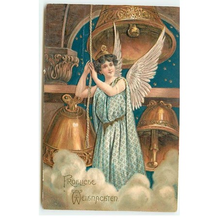 n°21778 - Carte Gaufrée - Fröhliche Weihnachten - Ange gardien faisant sonner des cloches