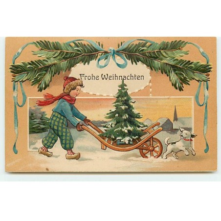 n°21780 - Carte Gaufrée - Fröhe Weihnachten - Garçon transportant un sapin dans une brouette, près d'un chien