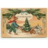 n°21780 - Carte Gaufrée - Fröhe Weihnachten - Garçon transportant un sapin dans une brouette, près d'un chien