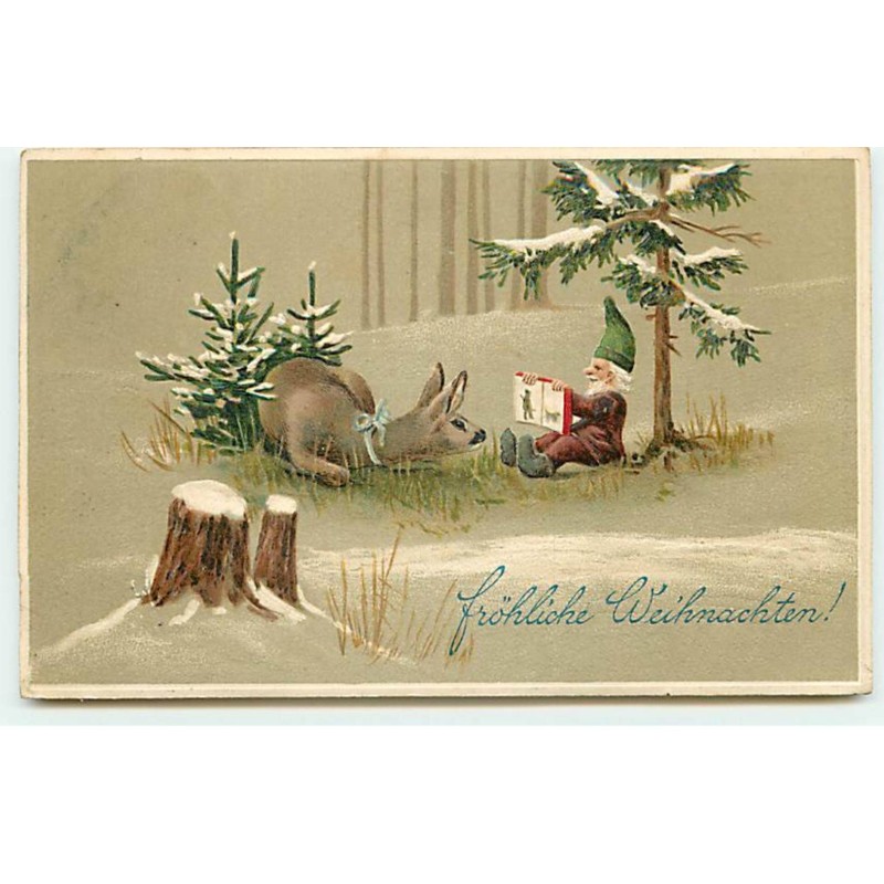 n°21782 - Carte Gaufrée - Fröhliche Weihnachten - Lutin, nain montrant un livre à une biche