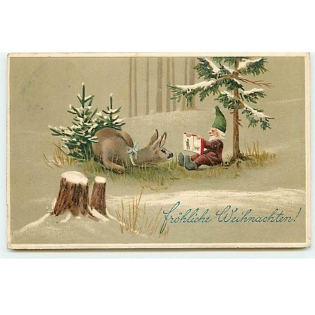 n°21782 - Carte Gaufrée - Fröhliche Weihnachten - Lutin, nain montrant un livre à une biche