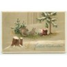 n°21782 - Carte Gaufrée - Fröhliche Weihnachten - Lutin, nain montrant un livre à une biche