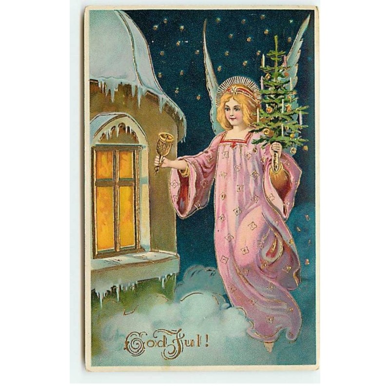 n°21784 - God Jul - Ange gardien apportant un sapin décoré, et faisant sonnant une clochette près d'une maison