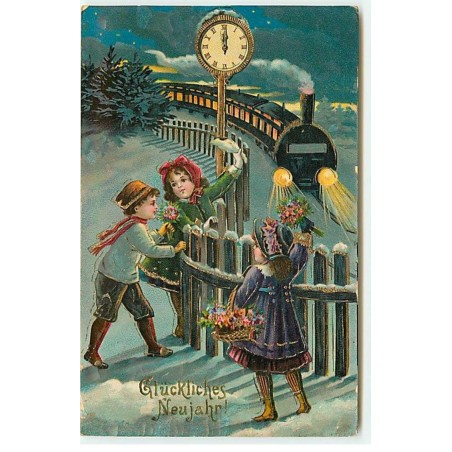 n°21787 - Glückliches Neujahr - Enfants saluant un train