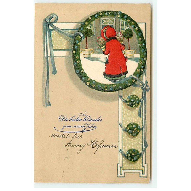 n°21789 - Carte Gaufrée - Die besten Wünsche zum neuen Jahre - Fillette portant des pots de fleurs