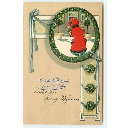 n°21789 - Carte Gaufrée - Die besten Wünsche zum neuen Jahre - Fillette portant des pots de fleurs
