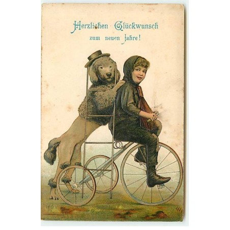 n°21790 - Carte Gaufrée - Herzlichen Glückwunsch zum neuen Jahre - Ramoneur sur un vélo, avec un chien