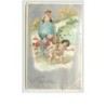 n°218 - Carte Gaufrée - Easter Greetings - Angelots tirant un char