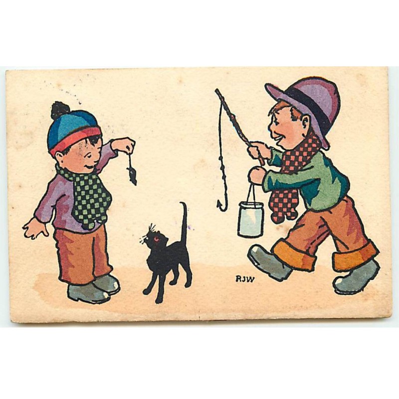 n°21807 - MM Vienne n°603 - R.J.W. - Garçons, l'un tenant une canne à pêche, un autre montrant une souris à un chat noir