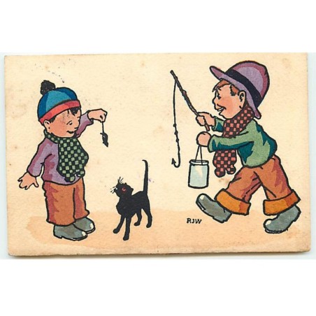n°21807 - MM Vienne n°603 - R.J.W. - Garçons, l'un tenant une canne à pêche, un autre montrant une souris à un chat noir