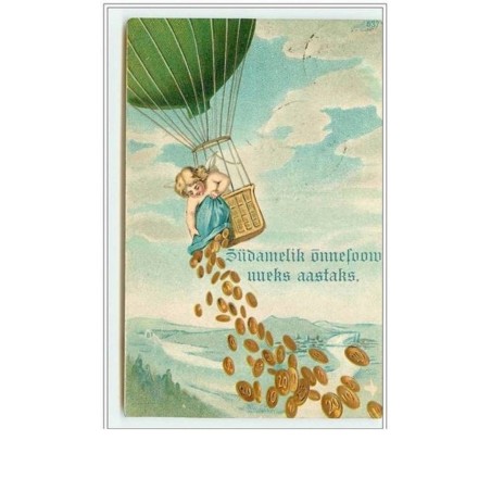 n°2181 - Carte Gaufrée - Angelot jettant des pièces d'or d'une montgolfière