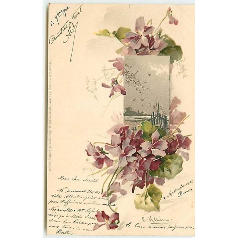 n°11362 - Carte Illustrateur - Catharina Klein - Fleurs viollettes et Paysage - Meissner serie 1095