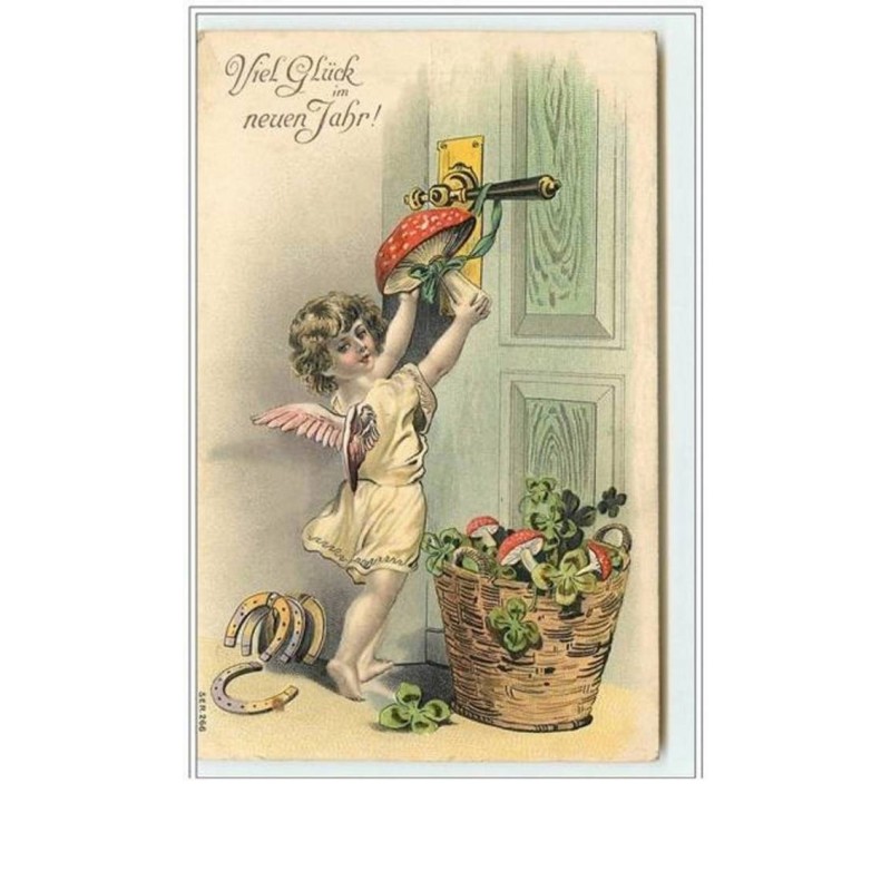 n°2182 - Carte Gaufrée - Angelot accrochant un champignon à une porte