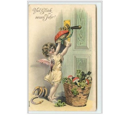 n°2182 - Carte Gaufrée - Angelot accrochant un champignon à une porte
