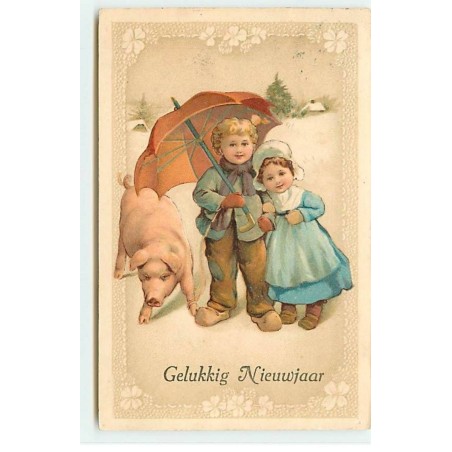n°21826 - Gelukkig Nieuwjaar - Couple d'enfants sous un parapluie près d'un cochon