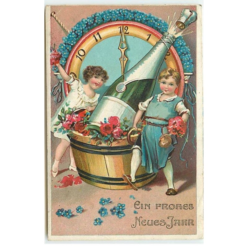 n°21828 - Ein Frohes Neues Jahr - Enfants autour d'une bouteille de Champagne