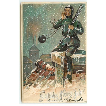 n°21829 - Carte Gaufrée - Glückliches Neues Jahr - Ramoneur sous la neige, assis sur une cheminée