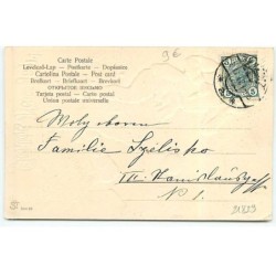 n°21829 - Carte Gaufrée - Glückliches Neues Jahr - Ramoneur sous la neige, assis sur une cheminée