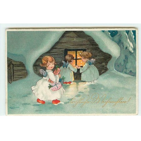 n°21835 - Anges apportant des cadeaux, regardant par la fenêtre d'une maison