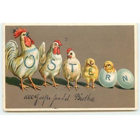 n°21839 - Carte Gaufrée - Fröhliche Ostern - Un coq, des poules et des poussins