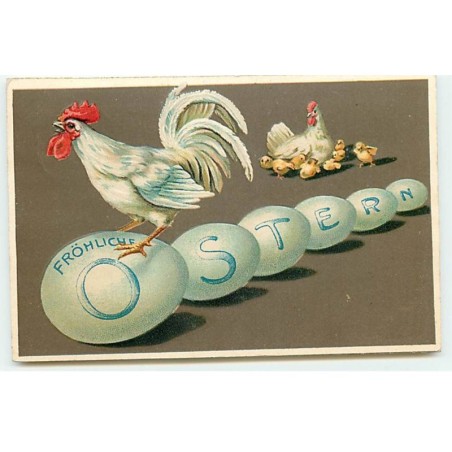 n°21840 - Carte Gaufrée - Fröhliche Ostern - Un coq sur des oeufs, sous le regard d'une poule et ses poussins