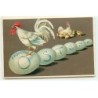 n°21840 - Carte Gaufrée - Fröhliche Ostern - Un coq sur des oeufs, sous le regard d'une poule et ses poussins