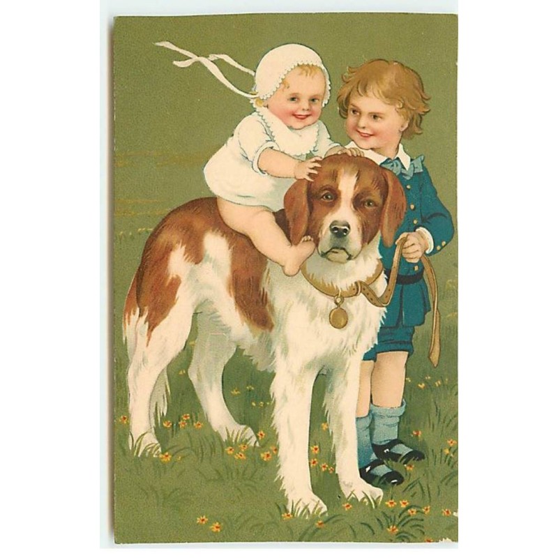 n°21841 - Meissner - Flatscher - Garçon près d'un bébé assis sur le dos d'un Saint-Bernard