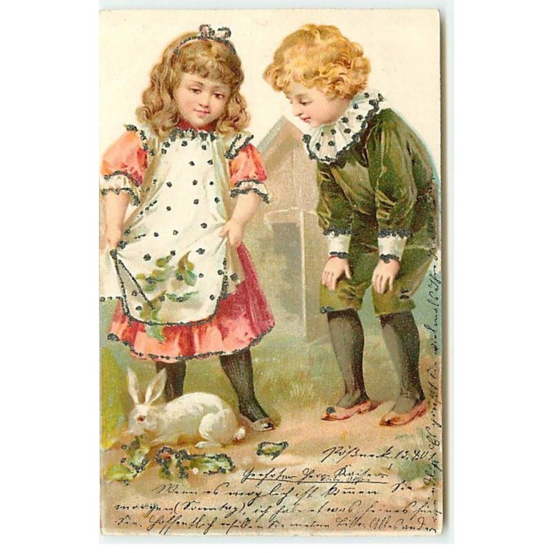 n°21842 - Carte avec Paillettes - Enfants regardant un lapin mangeant de la salade