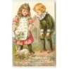 n°21842 - Carte avec Paillettes - Enfants regardant un lapin mangeant de la salade