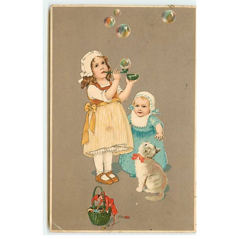 n°21844 - Fantaisie - Flatscher - Fillette faisant des bulles de savon sous le regard d'un bébé et d'un chat