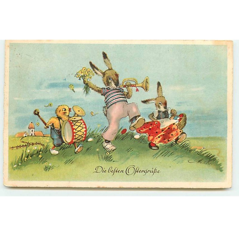 n°21858 - Style Baumgarten - Lièvre jouant de la trompette accompagné d'un poussin jouant de la grosse caisse