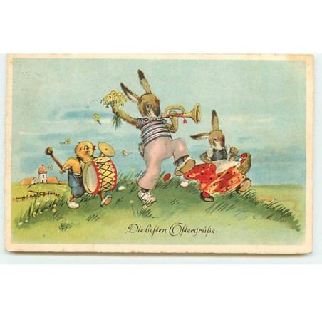 n°21858 - Style Baumgarten - Lièvre jouant de la trompette accompagné d'un poussin jouant de la grosse caisse