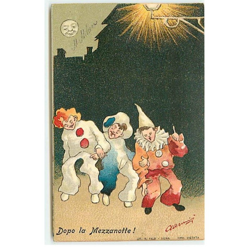 n°21860 - Dopo la Mezzanotte - Enfants habillés en clown - lune humanisée