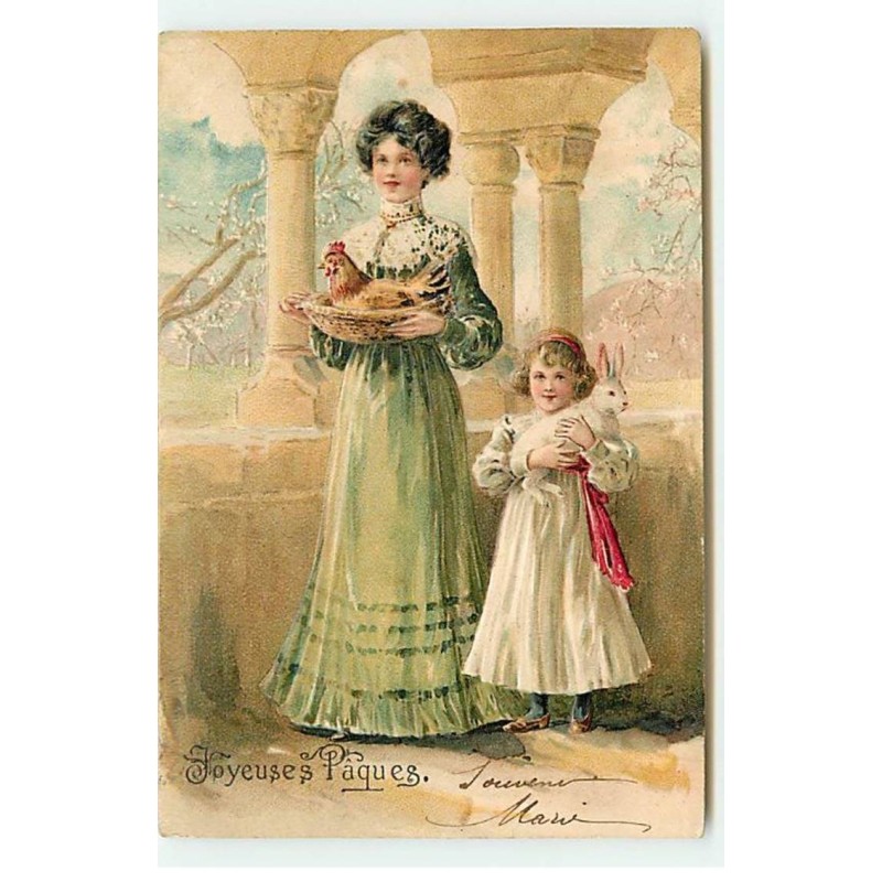 n°21862 - Carte Gaufrée - Joyeuses Pâques - Fillette tenant un lapin, près d'une femme portant une poule