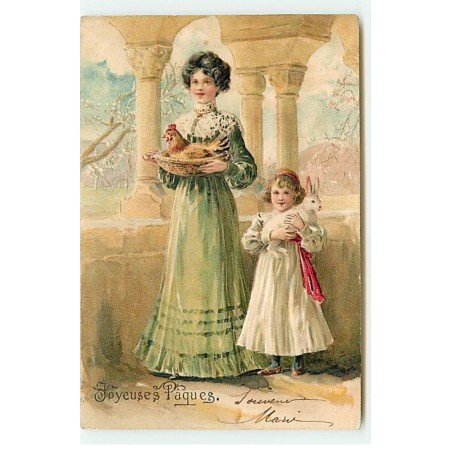 n°21862 - Carte Gaufrée - Joyeuses Pâques - Fillette tenant un lapin, près d'une femme portant une poule