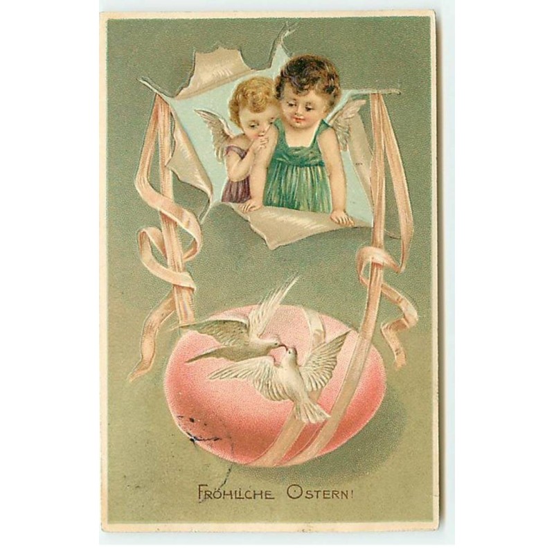 n°21863 - Carte Gaufrée - Fröhliche Ostern - Anges regardant des colombes sur un oeuf