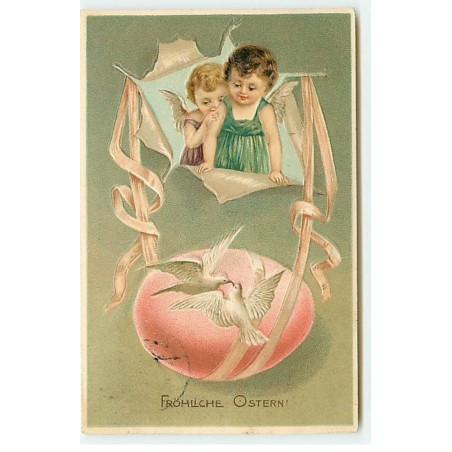 n°21863 - Carte Gaufrée - Fröhliche Ostern - Anges regardant des colombes sur un oeuf