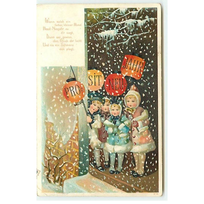 n°21865 - Carte Gaufrée - Prosit Neujahr - Fillettes portant des lampions sous la neige