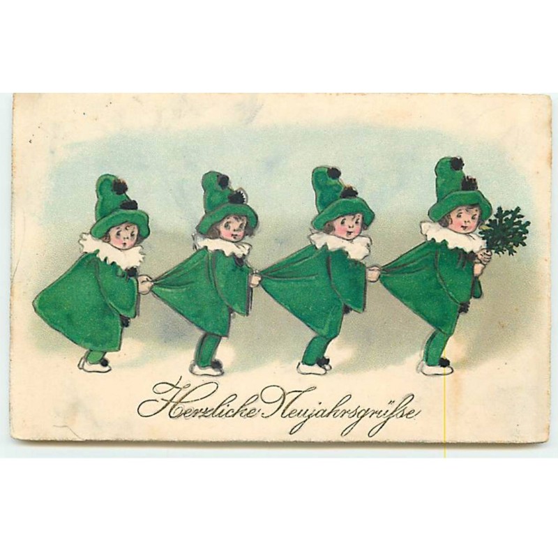 n°21869 - Style Florence Hardy -  Herzliche Neujahrsgrüsse - Fillettes en fil indienne en tenue verte
