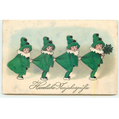 n°21869 - Style Florence Hardy -  Herzliche Neujahrsgrüsse - Fillettes en fil indienne en tenue verte