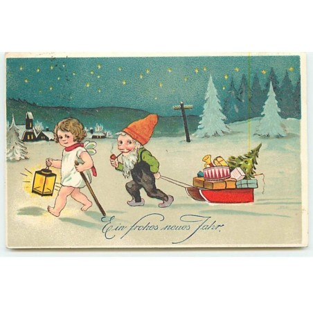n°21870 - Ein frohes neues Jahr - Nain tirant une luge remplie de cadeaux, suivant un angelot