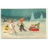 n°21870 - Ein frohes neues Jahr - Nain tirant une luge remplie de cadeaux, suivant un angelot