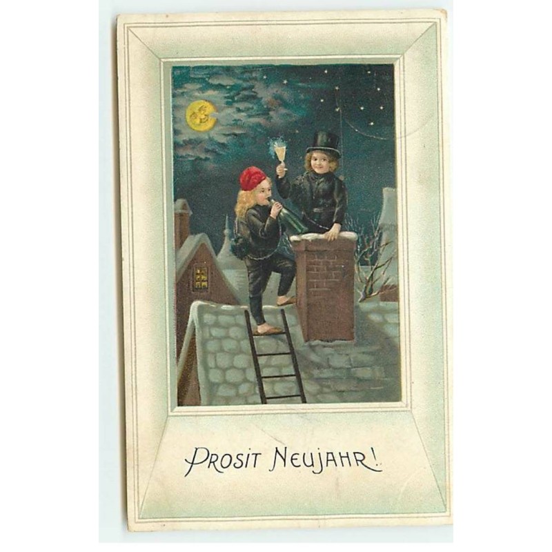 n°21871 - Prosit Neujahr - Enfants habillés en ramoneur trinquant sur un toit au clair de lune
