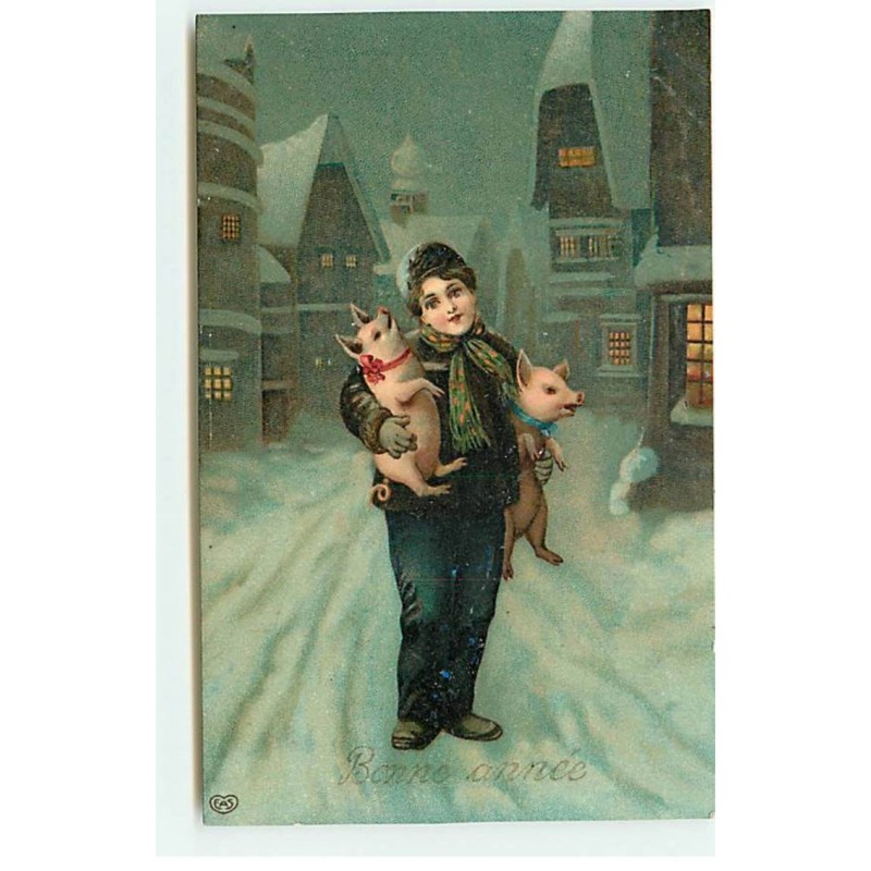 n°21874 - Bonne Année - Ramoneur portant deux cochons dans une rue enneigée