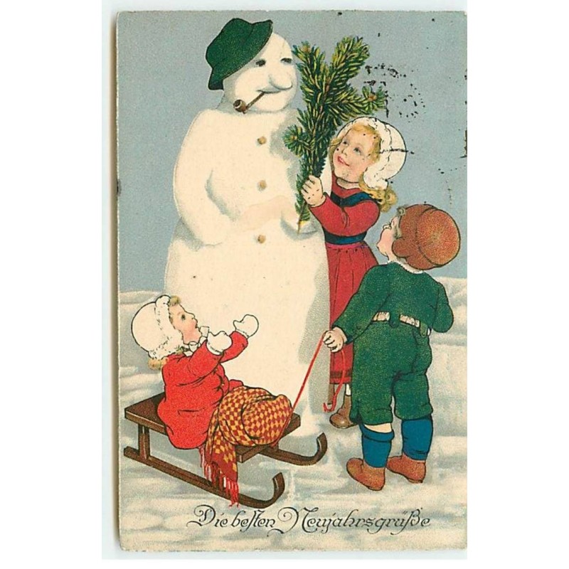 n°21877 - Flatscher - Die besten Neujahrsgrüsse - Enfants autour d'un bonhomme de neige