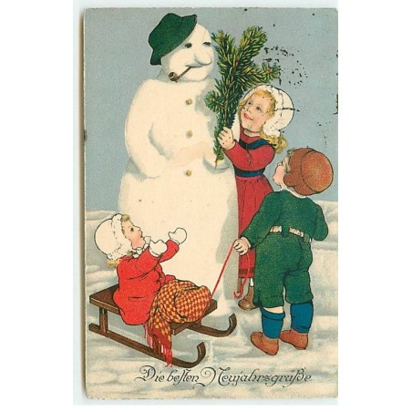 n°21877 - Flatscher - Die besten Neujahrsgrüsse - Enfants autour d'un bonhomme de neige