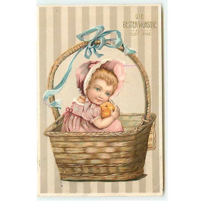 n°21878 - Carte Gaufrée - Fillette assise dans un panier tenant une pomme